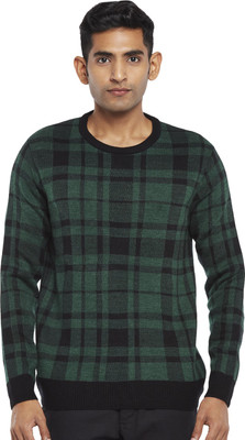 Byford by Pantaloons Checkered Round Neck Casual Men Green Sweater
