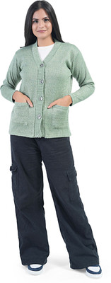 manra Solid V Neck Casual Women Green Sweater