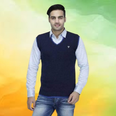AAVYARA Solid V Neck Casual Men Dark Blue Sweater