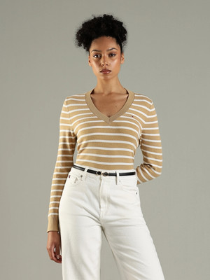 TOMMY HILFIGER Striped V Neck Casual Women Beige, White Sweater