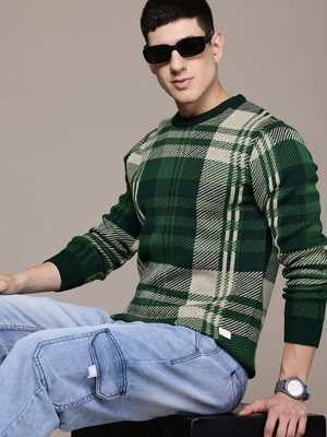 Roadster Checkered Round Neck Casual Men Green, Beige Sweater