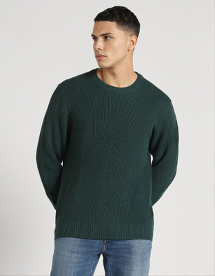American Eagle Solid Round Neck Casual Men Green Sweater