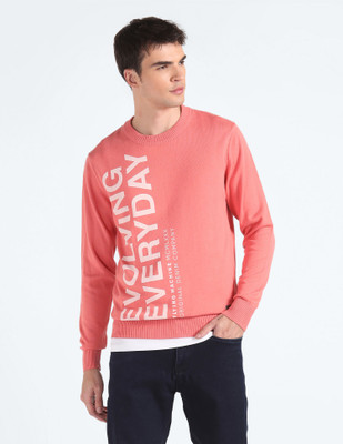 FLYING MACHINE Printed Crew Neck Casual Men Pink Sweater