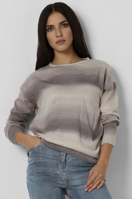 VAN HEUSEN Striped Round Neck Casual Women Grey Sweater