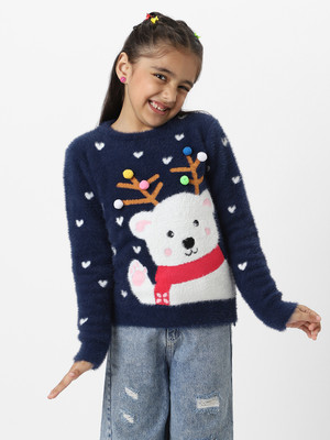 NautiNati Self Design Round Neck Casual Girls Dark Blue Sweater