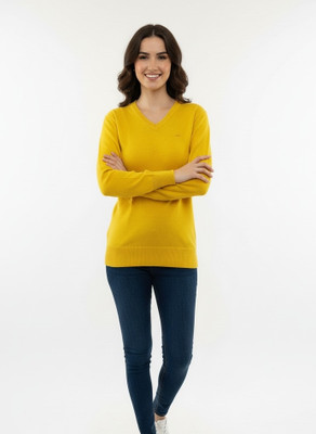 Aryans Design Solid V Neck Casual Women Yellow Sweater