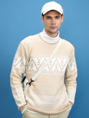 HIGHLANDER Solid Round Neck Casual Men Beige Sweater