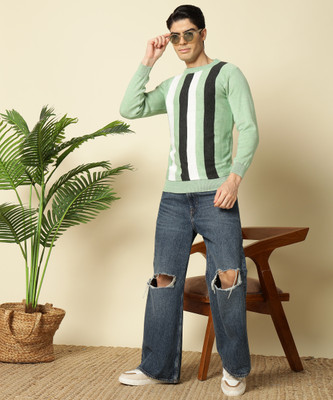 HELL BOUND Striped Round Neck Casual Men Light Green Sweater