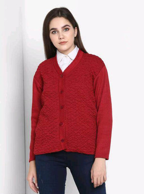 Shunit creation Self Design V Neck Lounge Wear Women Red Sweater