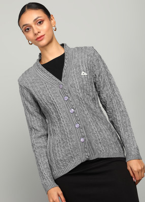 MONTE CARLO Self Design V Neck Casual Women Grey Sweater