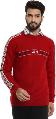 V-MART Printed Round Neck Casual Men Red Sweater