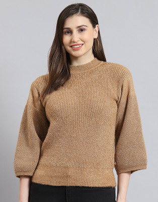 MONTE CARLO Self Design Round Neck Casual Women Brown Sweater