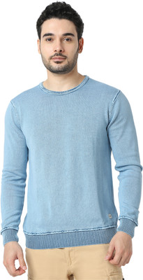 Spykar Solid Round Neck Casual Men Blue Sweater