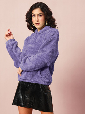 THE DRY STATE Solid Hooded Neck Casual Women Purple Sweater