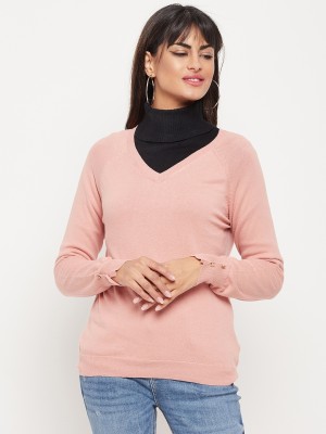 MADAME Solid V Neck Casual Women Pink Sweater