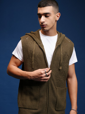 HIGHLANDER Self Design Hooded Neck Casual Men Green Sweater