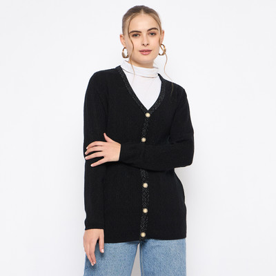 MADAME Solid V Neck Casual Women Black Sweater