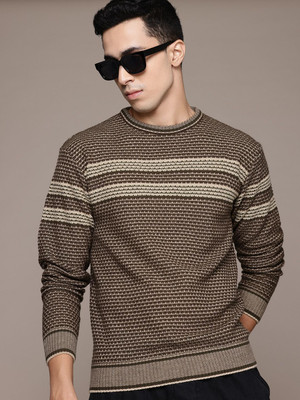 Roadster Striped Round Neck Casual Men Brown Sweater