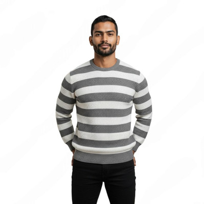 MRINALINI ENTERPRISES Striped Round Neck Casual Men Grey, White Sweater