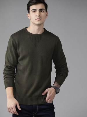 Roadster Solid Round Neck Casual Men Green Sweater