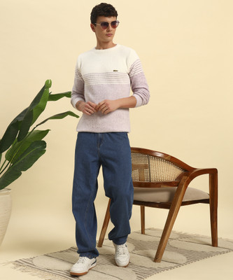 HERMISTON Striped Round Neck Casual Men Purple Sweater