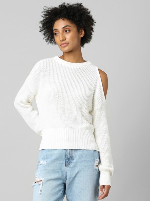 ONLY Woven Round Neck Casual Women White Sweater