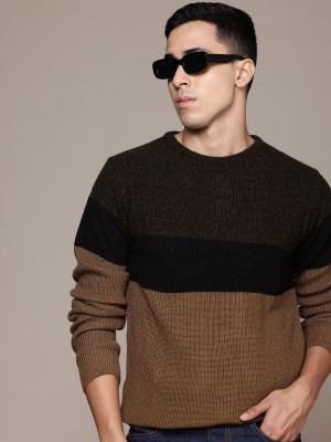 Roadster Colorblock Round Neck Casual Men Brown Sweater