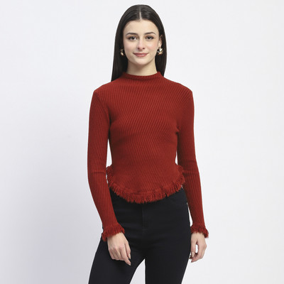 MADAME Solid Round Neck Casual Women Red Sweater