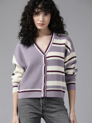 Roadster Woven V Neck Casual Women Purple Sweater