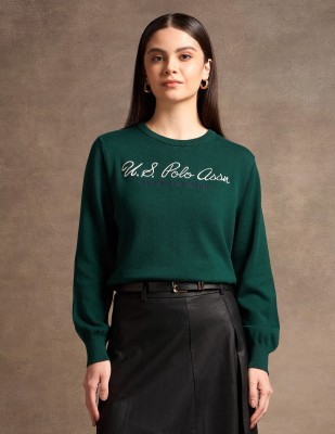 U.S. POLO ASSN. Embroidered Crew Neck Casual Women Green Sweater