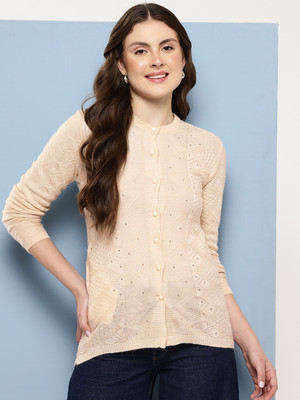 Aarika Self Design Round Neck Casual Women White Sweater