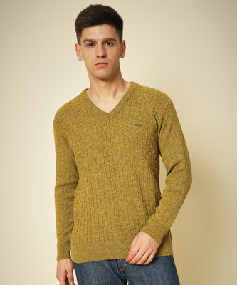 SILVANUS Self Design V Neck Casual Men Green Sweater