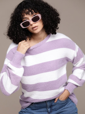Roadster Striped Round Neck Casual Women Red Sweater