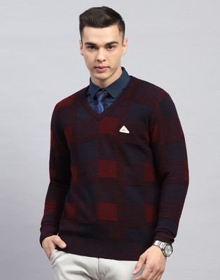 MONTE CARLO Checkered V Neck Casual Men Maroon Sweater