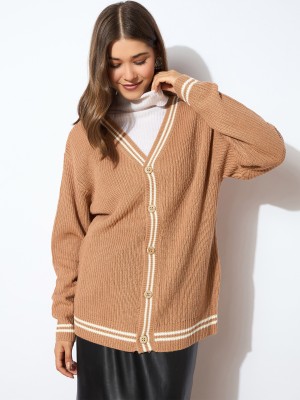 SASSAFRAS Self Design V Neck Casual Women Beige Sweater