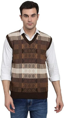 MUSKAN KNITWEAR Checkered V Neck Formal Men Blue Sweater