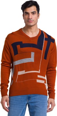 PARX Colorblock V Neck Casual Men Orange Sweater