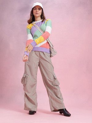 Dressberry Colorblock Round Neck Casual Women Purple Sweater