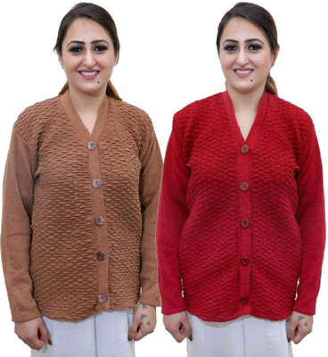 Shunit creation Self Design V Neck Lounge Wear Women Brown, Red Sweater