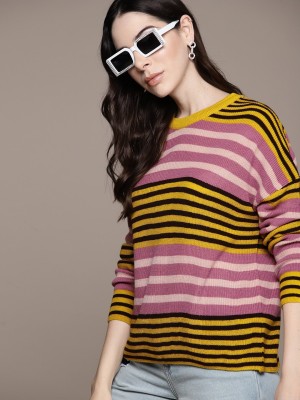 Roadster Striped Round Neck Casual Women Yellow Sweater