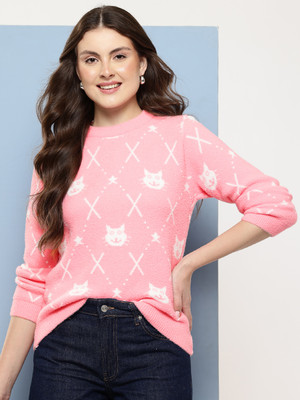 METRONAUT Self Design Round Neck Casual Women Pink Sweater