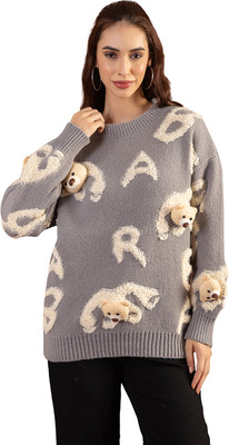 GFO Printed Round Neck Casual Women Grey Sweater