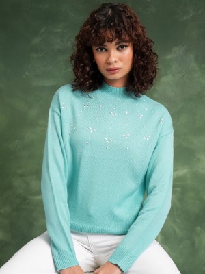 Tokyo Talkies Embroidered High Neck Casual Women Blue Sweater