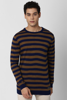 PETER ENGLAND Striped Round Neck Casual Men Blue Sweater