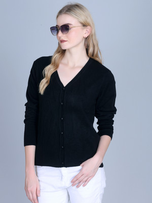 OBAAN Self Design V Neck Casual Women Black Sweater