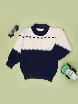 V-MART Self Design Round Neck Casual Boys Blue Sweater
