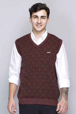 GODFREY Checkered V Neck Casual Men Maroon Sweater