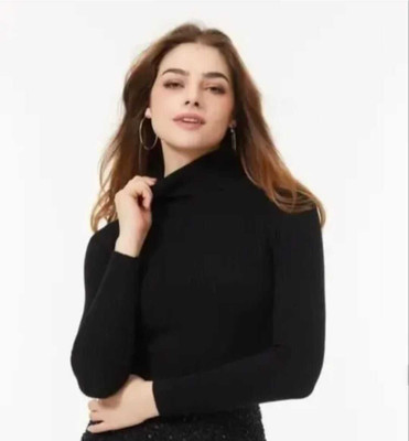 Queenss Solid High Neck Casual Women Black Sweater