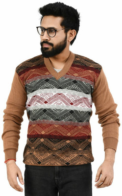 manra Colorblock V Neck Casual Men Brown Sweater