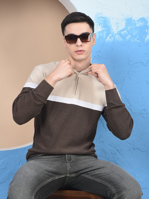 CRIMSOUNE CLUB Colorblock Mandarin Neck Casual Men Beige Sweater